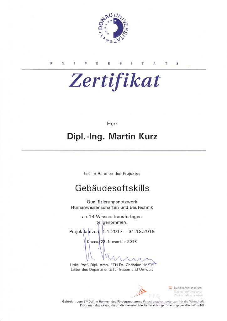 Zertifikat GebäudeSoftSkills DI Martin Kurz